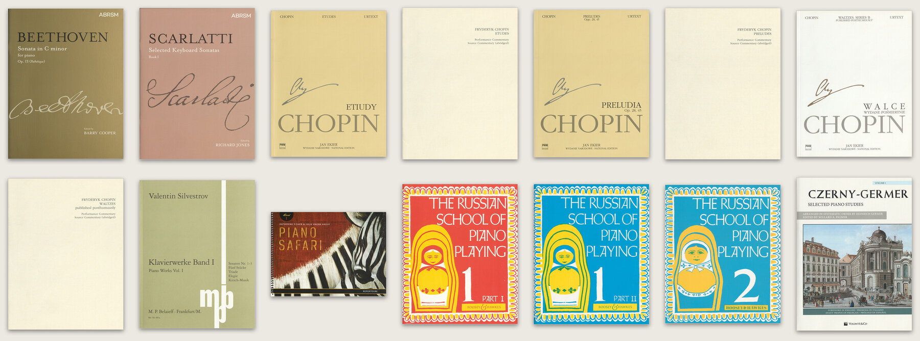 Kollage av framsidorna på 14 notböcker för piano: Beethoven, Scarlatti, Chopin, Silvestrov, Piano Safari, The Russian School of Piano Playing och Czerny-Germer