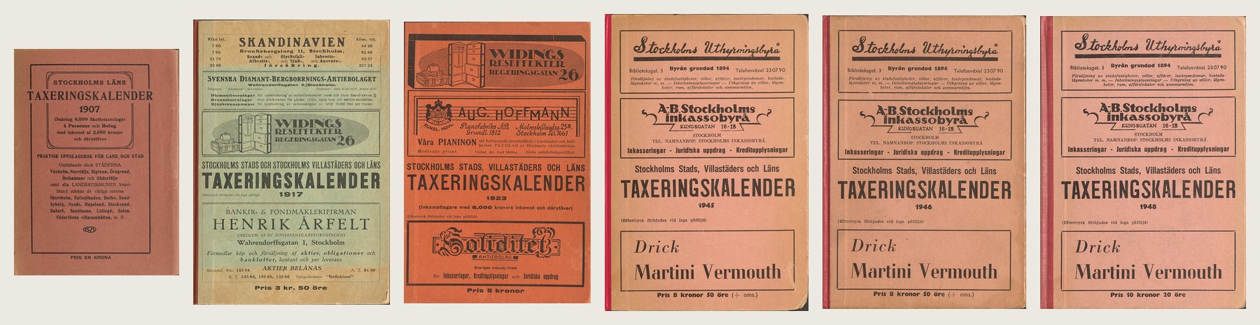 Kollage av framsidorna på sex taxeringskalendrar för Stockholm från 1907, 1917, 1923, 1945, 1946 och 1948