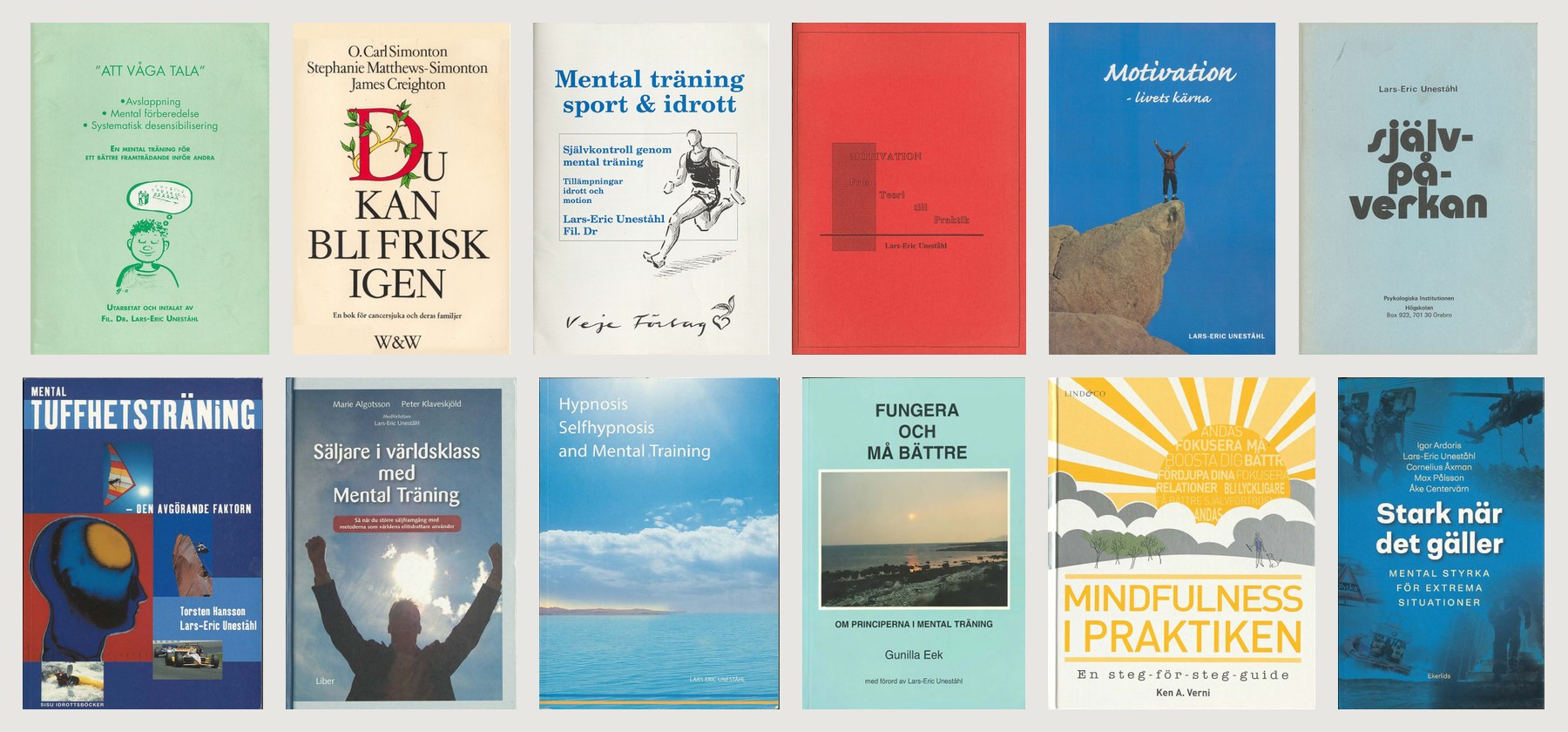 Kollage av framsidorna på tolv böcker och småskrifter av och med Lars-Eric Uneståhl: Att våga tala, Du kan bli frisk igen, Mental träning sport & idrott, Motivation, Självpåverkan, Mental tuffhetsträning, Säljare i världsklass, Hypnosis Selfhypnosis and Mental Training, Fungera och må bättre, Mindfulness i praktiken och Stark när det gäller